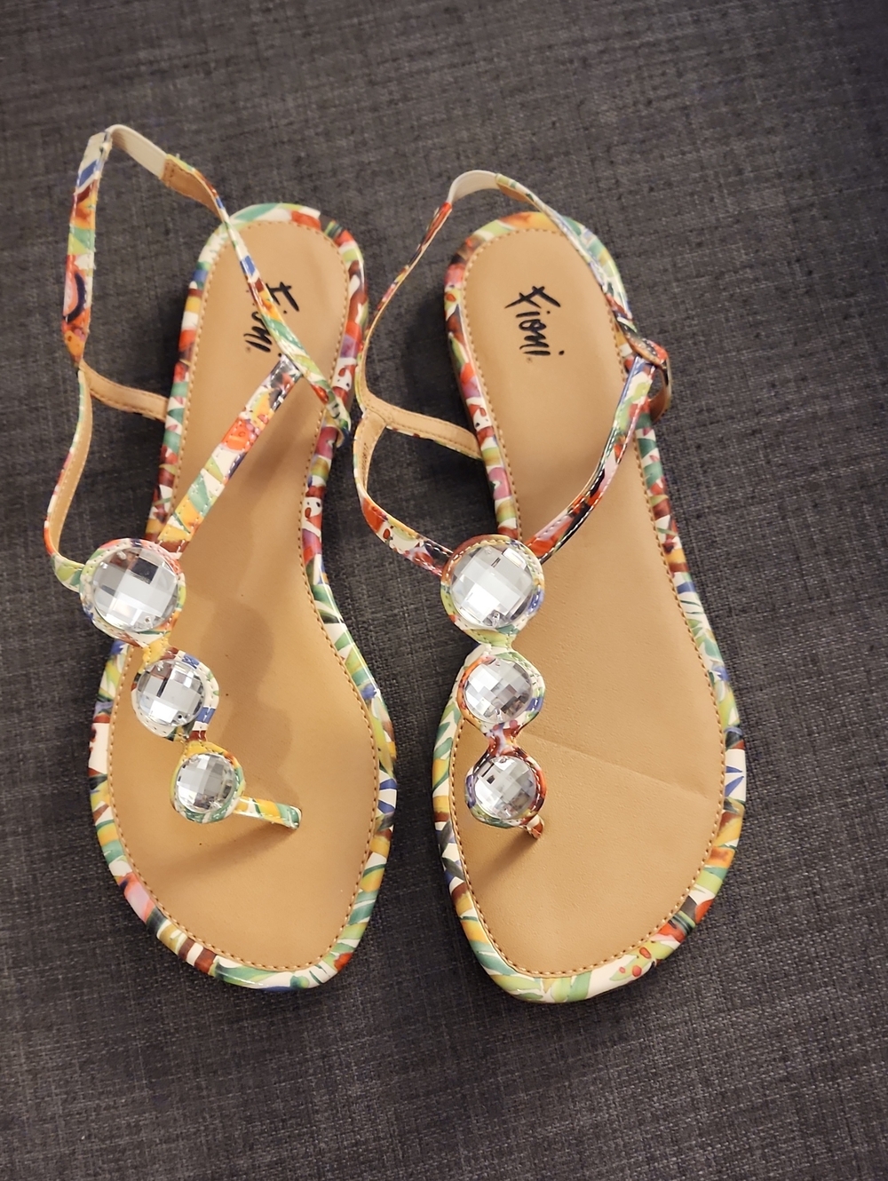 FIONI Clothing Multicolor Gemstone T-Strap Slingback Sandals